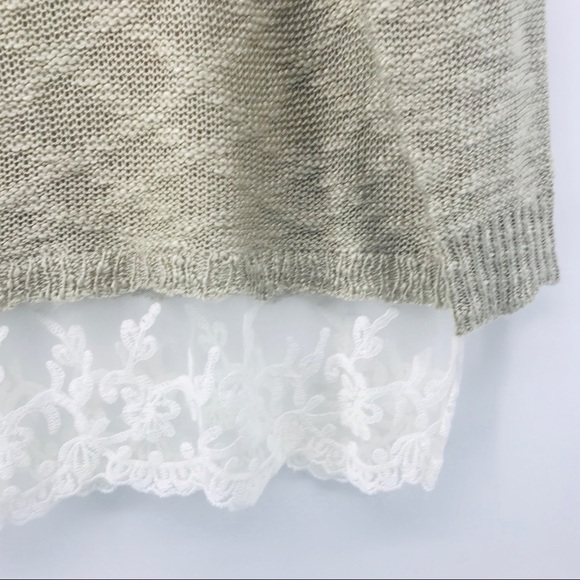 Knit Tan White Lace Hem Knit Pullover Crew Neck Sweater Top Size XS - Picture 3 of 11